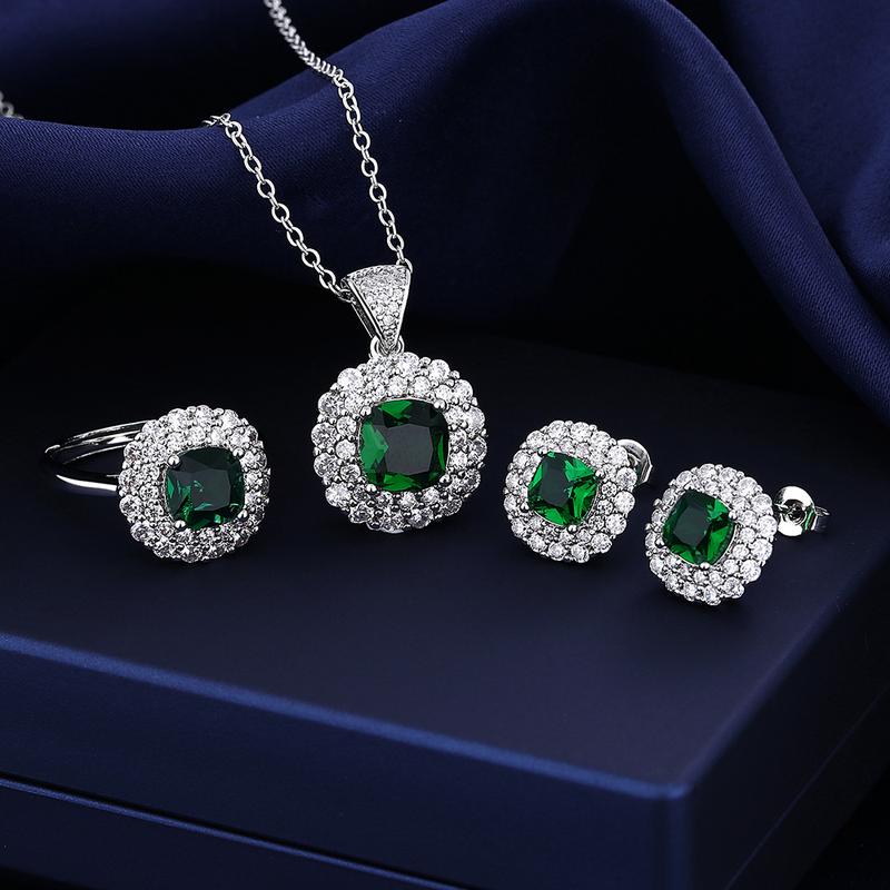 Bộ sản phẩm dành cho nữ, thanh lịch, bao gồm nhẫn, bông tai và dây chuyền, màu xanh lá, # S028