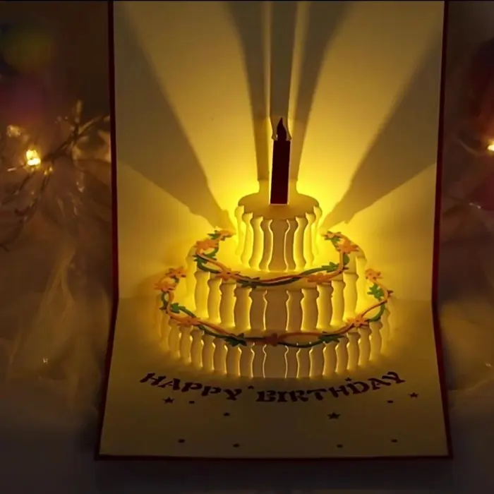 Kartu Ucapan Pop Up 3D Bentuk Kue Ulang Tahun Dengan Lampu + Musik& Cards 4