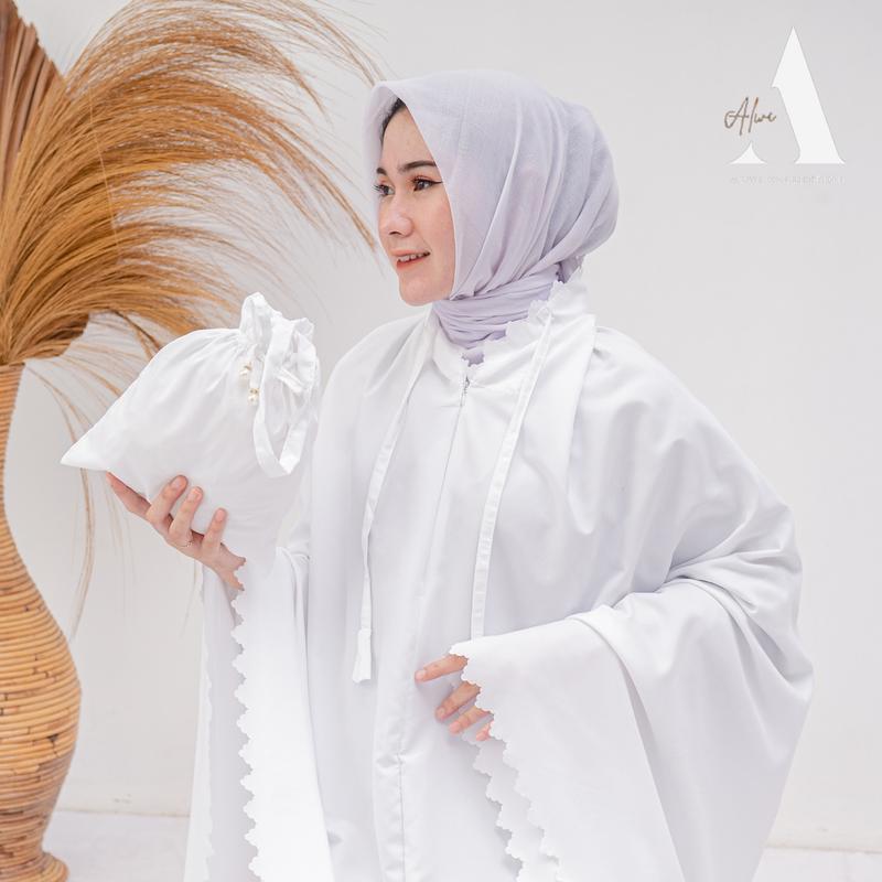Mukena Dewasa Traveling Mini Alwi Series Free Tas Pouch Serut Mutiara Atasan Bawahan Panjang Katun Lembut mukenah  Muslim resleting 2