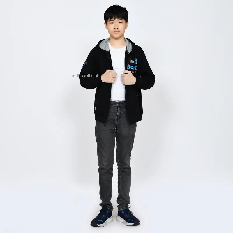 Sweater Jaket Hoodie Anak Laki Laki Remaja Tanggung Junior Katun Fleece Distro Hitam REDBOX Original 4