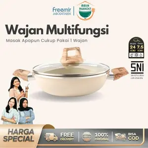 [PROMO] freemir Wajan Anti Lengket 24 cm SNI Granit Beige Anti Mengelupas Goreng/Rebus/Panggang Set Wajan+Tutup Kaca Penggorengan Multifungsi Tutup Kaca Kitchenware Premium