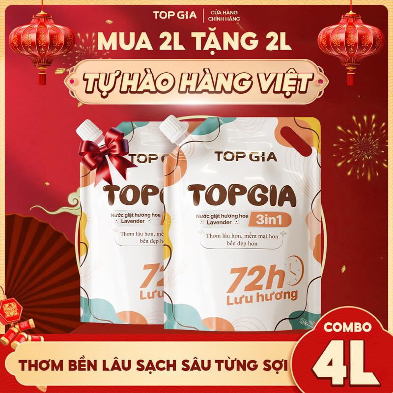   MUA 1L TẶNG 3L  Bộ combo 2 túi nước giặt TOPGIA 2L hương hoa oải hương 3 trong 1 – Hương thơm bền lâu 72 giờ làm sạch sâu từng sợi vải an toàn cho mẹ và bé nmh dùng được cả máy giặt và giặt tay 
