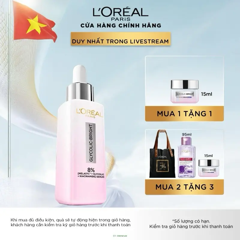 SERUM DƯỠNG SÁNG, MỜ THÂM MỤN & NÁM L’OREAL PARIS GLYCOLIC BRIGHT 8% [MELASYL+GLYCOLIC+NIACINAMIDE] 30ML Làm Đẹp Da Dưỡng Ẩm Da