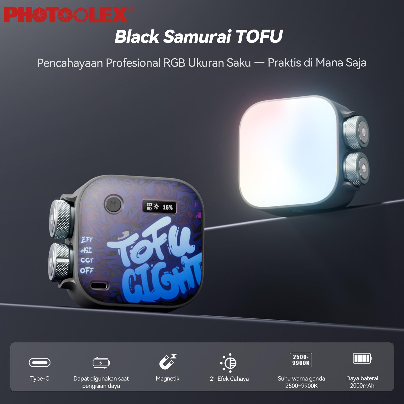 PHOTOOLEX Black Warrior Tofu Light – Lampu LED Kamera Portable RGB 2500–9900K 2000mAh 360° Full Color dengan 21 Efek Cahaya untuk Konten Kreator, Fotografi & Ponsel
