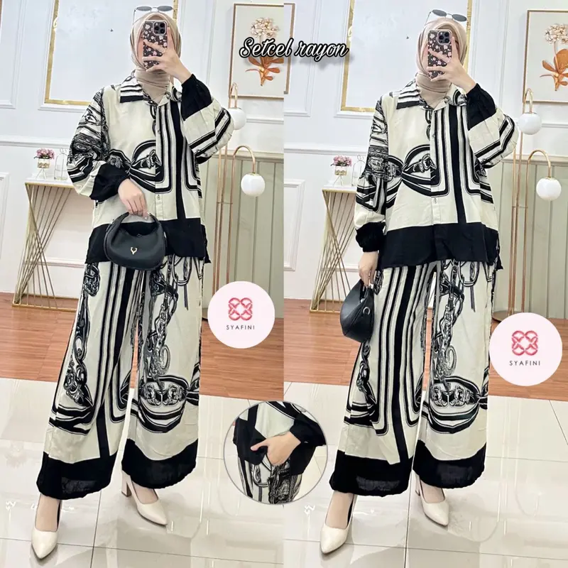 Setelan Wanita Cantika Motif Bunga Ld 110Cm Setelan Bahan Rayon Premium | Setelan Celana Kulot | Setelan Wanita Sablon Motif | Setcel Kemeja | Set Busui 3