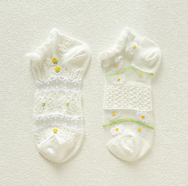 Product Introduction of Tất Lụa Pha Lê Mùa Hè, 5 Đôi, Siêu Mỏng, Trong Suốt, Tất Ngắn Ren Cho Bé Gái, Thời Trang, Hoa Cúc Tươi, Tất Thuyền Vô Hình 12