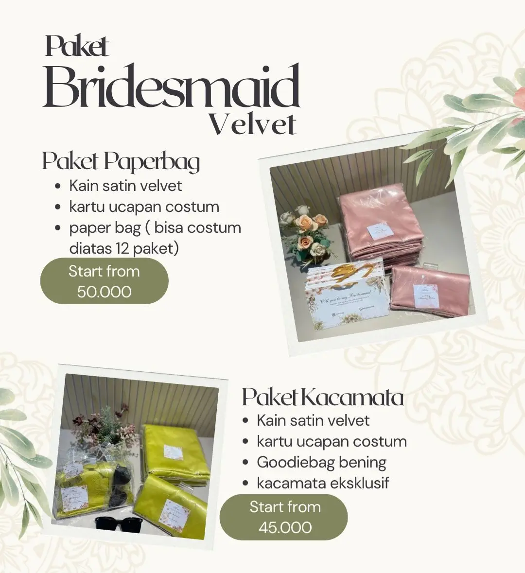 Paket Bridesmaid Satin Velvet + Paperbag TERMURAH