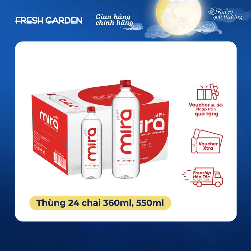 Thùng 360ml 550ml 24 chai Nước uống ion kiềm Mira pH9+