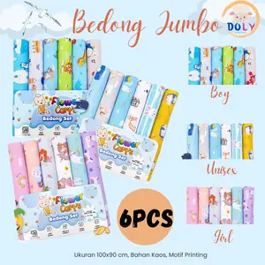DOLY 6pcs Bedong Kaos Jumbo Motif Bayi Newborn Unisex 6pcs Bahan Premium Lembut Adem Ukuran 100x90cm Multifungsi Selimut Alas Tidur