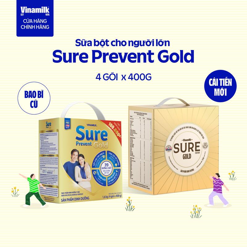 Có thể nhận Bao bì Cũ Mới Sữa bột cho người lớn tuổi Vinamilk Sure Prevent 1600g 4 túi x 400g