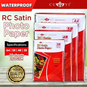 CUYI Kertas Foto Satin RC 20pcs A4 5R 4R 3R 260gsm Tahan Air untuk Cetak Foto Studio Album & Pernikahan