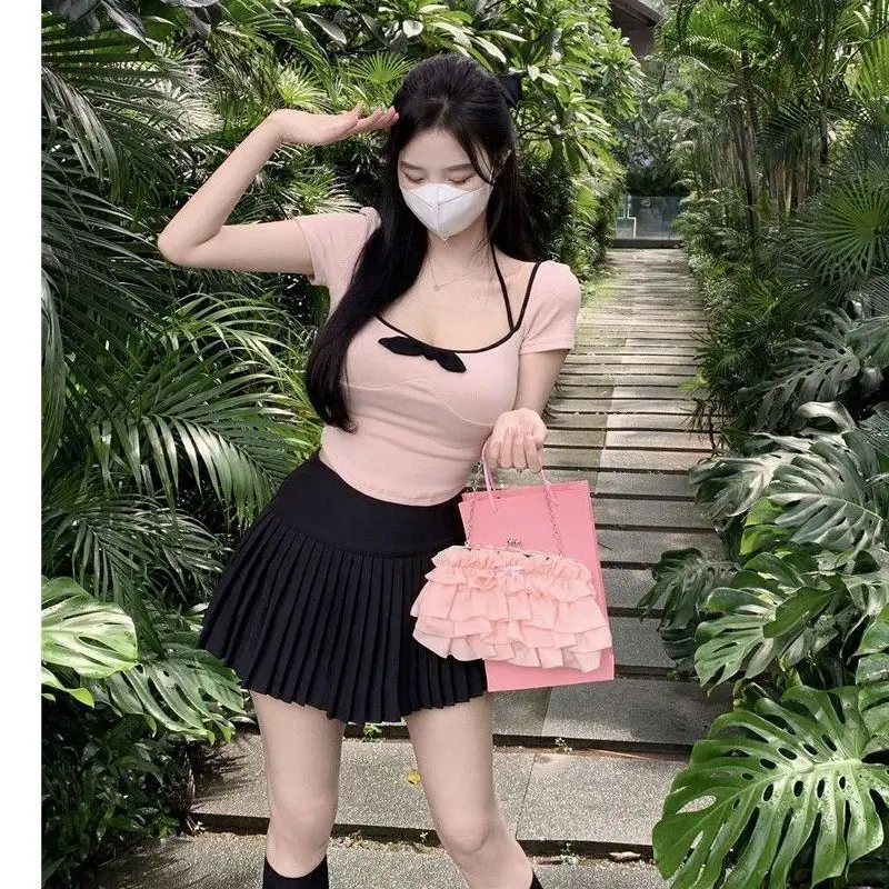 Fashion  bow U-shaped low cut  sexy short sleeved pink short crop top,Korean style short sleeved casual Sweet fashion T-shir Summer