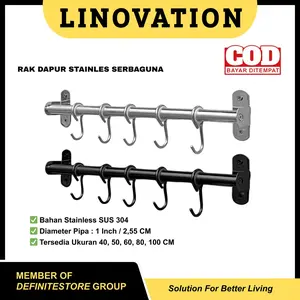 Rak Dapur Gantungan Panci Wajan Pisau Spatula Kapstok Kitchen Bar Geser Dinding Serbaguna Stainless Steel SUS 304 Black Anti Karat 40 50 60 80 100 cm