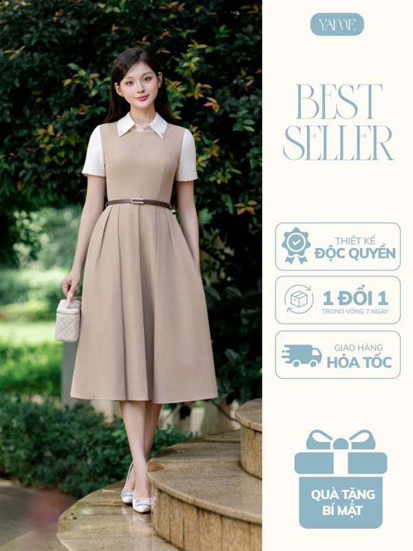 Váy Nữ Thiết Kế Ngắn Tay Dáng Dài Màu Nâu Tây Cổ Vạt Nhọn Đính Đá Kèm Dây Đai - Vivia YV720