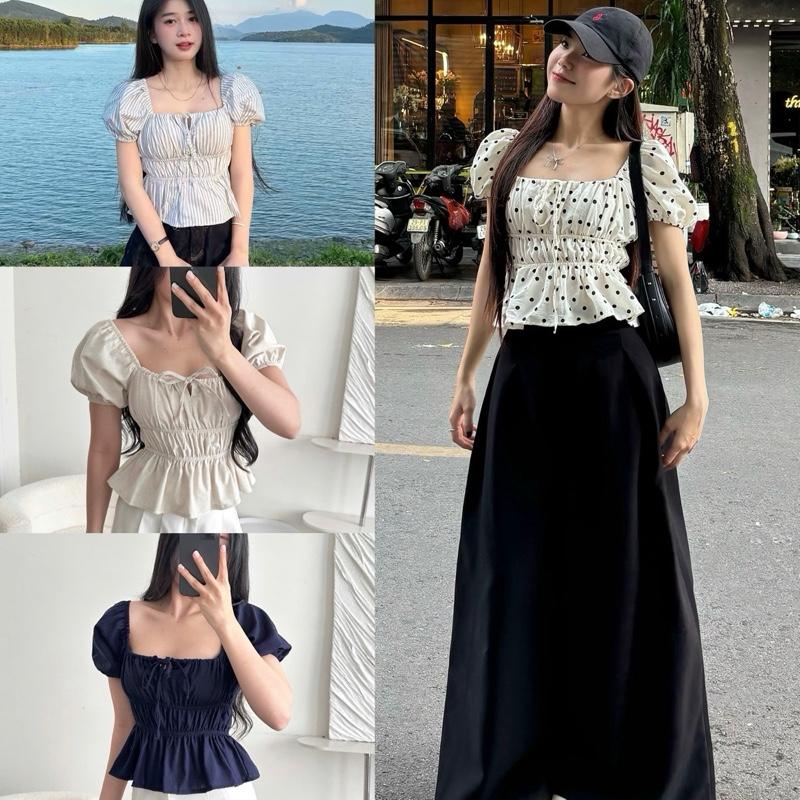 Áo Kiểu Cổ Vuông Babydoll Tay Phồng Linen Thắt Dây Ngực Bo Chun Áo Nữ Ngắn Tay Top