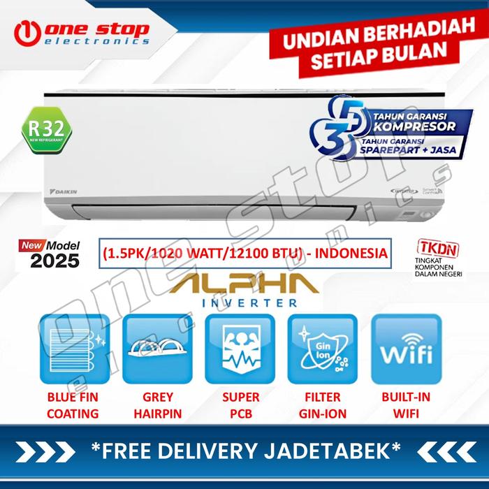 Gambar DAIKIN FTKH35YV14 AC Split Alpha Inverter 1.5PK R32 - Indonesia | Blue Fin Coating - Built-in WIFI - Filter Gin-Ion | FTKH35 / FTKH-Y Series - (TANPA KAYU) UNTUK PENGIRIMAN KURIR TOKO / INSTANT dari OneStop Electronics Kota Administrasi Jakarta Utara Tokopedia