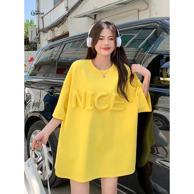Áo Thun Tay Ngắn Dáng Rộng, Cỡ Lớn 150Kg, Thiết Kế Chữ Ba Chiều, Dài Trung Bình, Thường Ngày, Đa Năng, Tay Lửng Top Nữ 3