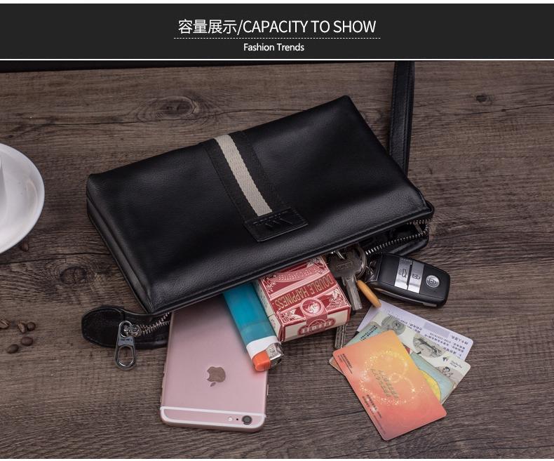 Product Introduction of 2025 Men's Clutch Bags Genuine Leather Double Layer Large Hand Bag for Male Long Wallets Envelope Bag Zipper Black Brand 12