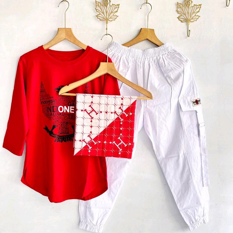 Setelan Jogger Cigaret JVN Kaos Combed Merah Putih + Hijab Voal Segi Empat Voal  Katun Nyaman 1