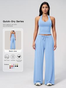 Conjunto deportivo de mujer con top de cuello halter y pantalones de pierna ancha, top sin mangas y pantalones casuales para uso diario al aire libre, ropa deportiva para damas para tenis, running, ropa de ejercicio