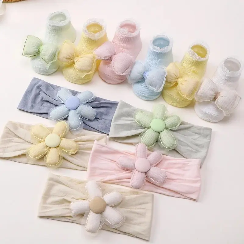 1 Set Flower Headband Bow Socks Set Spring Summer Children Baby Boys Girls By Comfortable Soft Cotton Short Tube Mesh Lace Rib Socks Newborn Bayi 5
