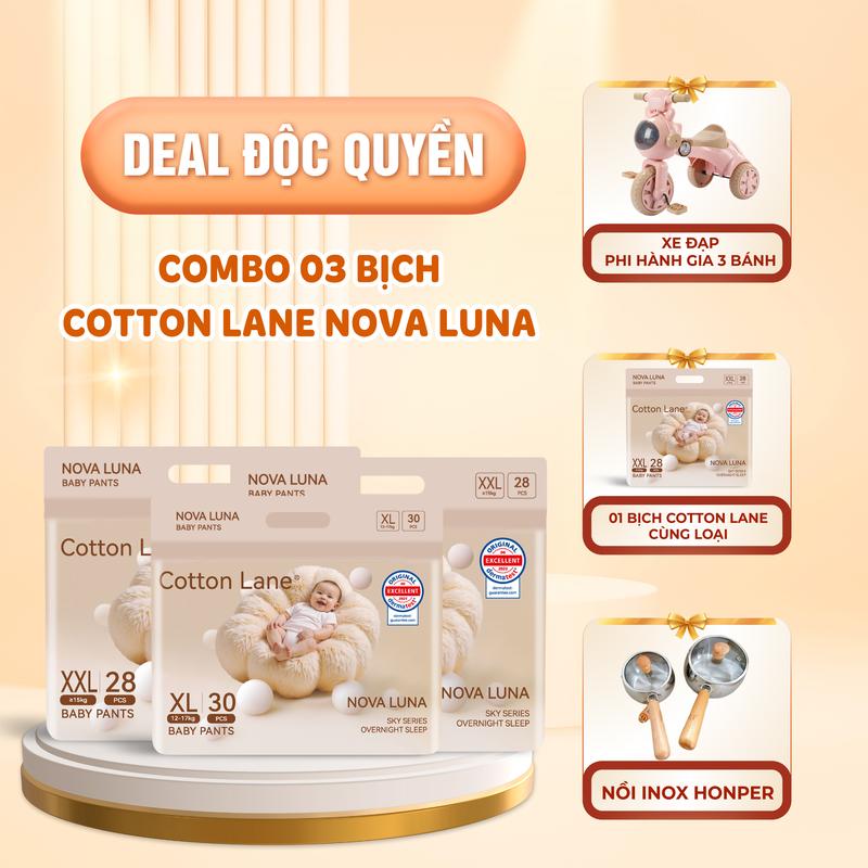 DEAL ĐỘC QUYỀN - TẶNG QUÀ Combo 3 Bịch Bỉm Cotton Lane Luna Nova Hà Lan tiêu chuẩn Châu Âu Mềm Mại khô thoáng 24h Thấm Hút 1200ml | Dán & Quần Đủ Size Cho Bé
