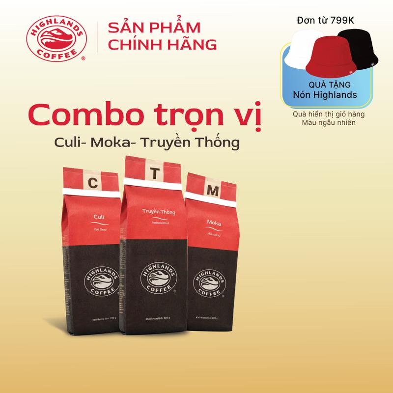 [Combo Trọn Vị] Bộ 3 Cà phê rang xay Culi, Moka, Truyền Thống Highlands Coffee 200g Cafe 1
