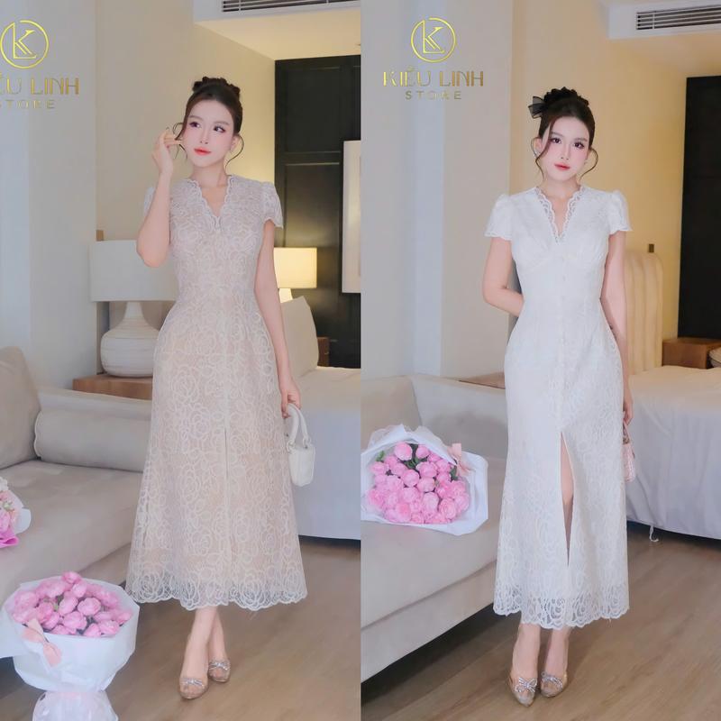 [Kiều Linh]-Váy Maxi Dự Tiệc Thiết Kế KL530 chất liệu Ren Hoa Thêu, Chân Váy Xẻ Tà, 2 Lớp Lót, Giấu Đường May May