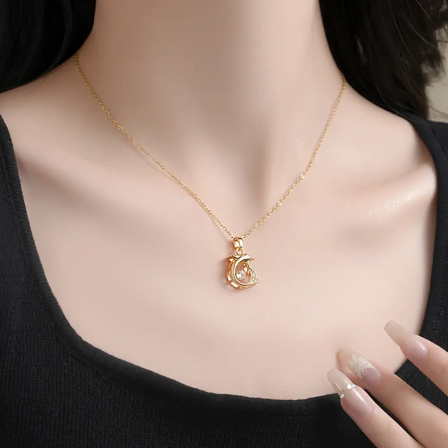 Kalung Wanita Lucu Liontin Lumba-lumba Permata Bergerak Rose Gold Kalung Paduan KL-2002