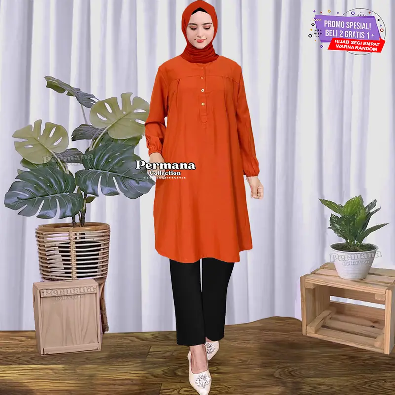 Baju Tunik Atasan Wanita Jumbo Size Lengan Panjang Dewasa Kantong Muslim Rayon Katun Nyaman Remaja Oversize kemeja Kancing 6