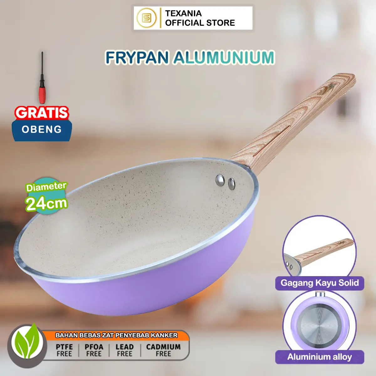 [NAD] Dikirim dalam 14 hari TEXANIA Wajan UNGU 24cm Anti Lengket Alumunium Gagang Motif Kayu Halus Free Obeng