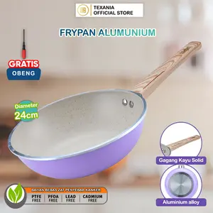 [EXCLUSIVE - ISCHAINDYOFC] TEXANIA Wajan UNGU Diameter 24cm Anti Lengket Bahan Alumunium Alloy Gagang Motif Kayu Halus Free Obeng Kitchenware