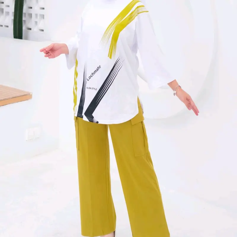 baju cewek oversize lengan panjang one set celana cargo bahan cm20s casual remaja Combed Karet Sablon 2