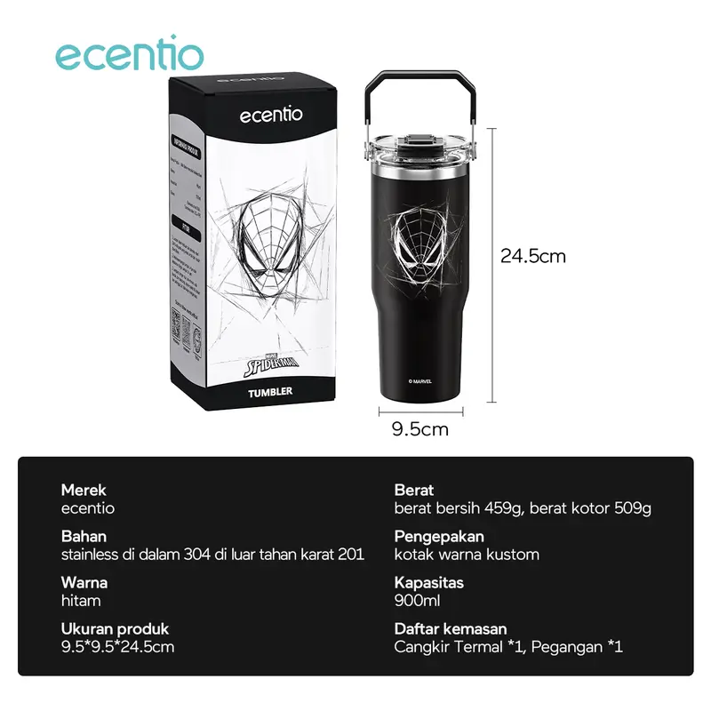 【LIVE】ecentio Tumbler Stainless Vacuum Spider-man 900ml Original Disney Marvel Portable Thermos Botol minum besar 8