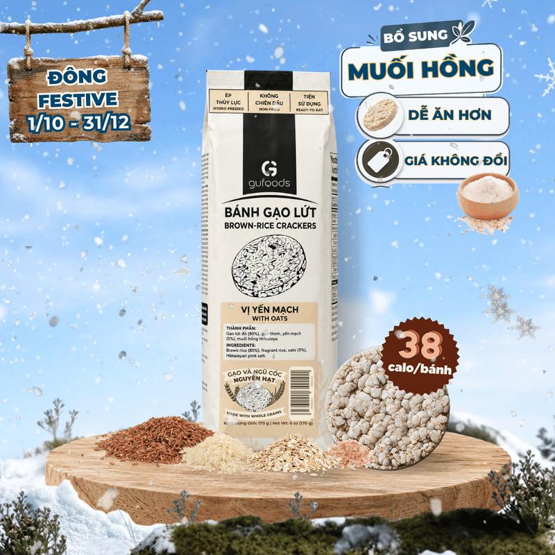 Bánh gạo lứt GUfoods (170g) - Không chiên dầu, Không đường, Từ gạo và ngũ cốc nguyên hạt, Lành mạnh, Phù hợp Eat clean, Ăn vặt healthy, Thực dưỡng, Tập gym, Thuần chay, Đa dạng hương vị