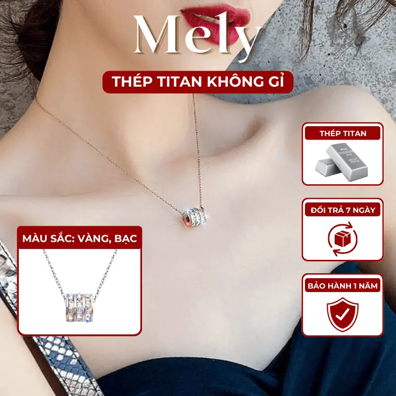 [KHÔNG ĐEN GỈ] Dây chuyền thép Titan mạ vàng hình trụ đính đá cao cấp Trang Sức thời trang sang trọng - Mely TT60 Nữ Women 0
