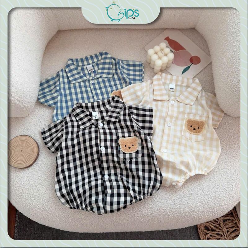 Set body caro kèm nón và tất cho bé trai 4-10kg. Bộ body suit cho bé sơ sinh đầy tháng, thôi nôi chất thô mềm. Chip's Shop