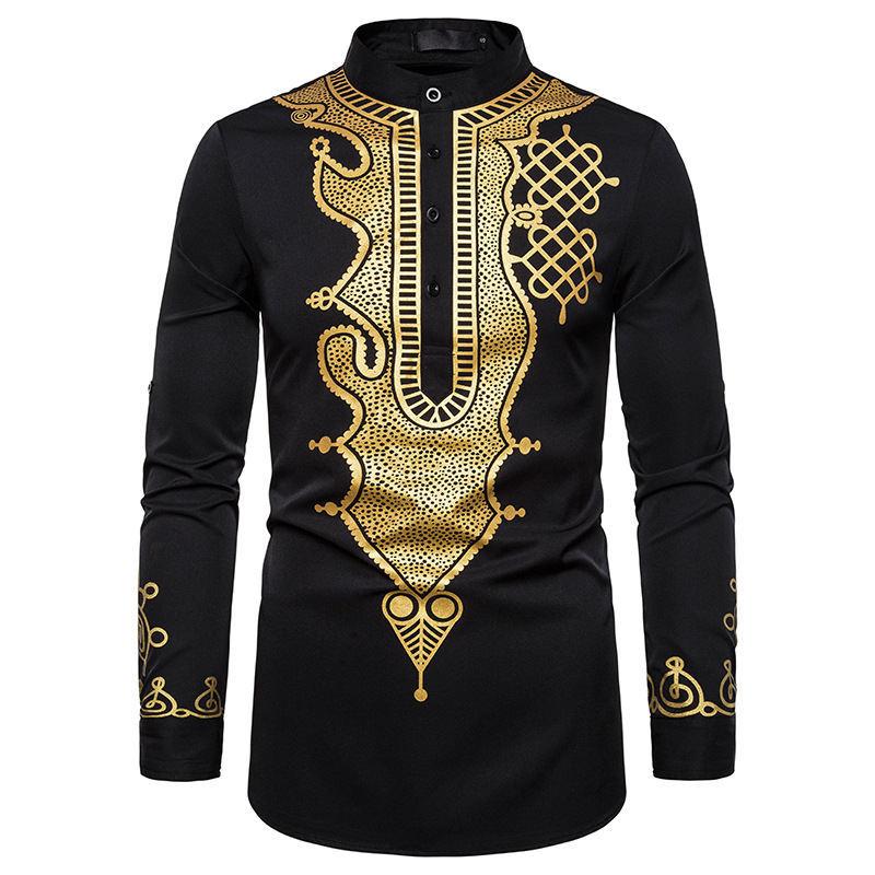 Product Introduction of Discount Fashion Men's Casual Fashion Bronzing Pullover Shirt Totem Long Shirt Muslim Straight Shirt 8