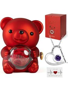 Osito romántico con rosas preservadas y un collar de luna en forma de corazón, en una elegante caja de regalo, perfecto para el Día de San Valentín, bodas, el Día de la Madre, aniversarios, cumpleaños y Navidad.