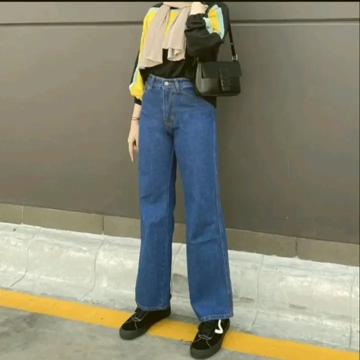 HTM - Hight waist Loose Jeans Hangover Celana Panjang Jeans Wanita Jumbo Bawahan 4