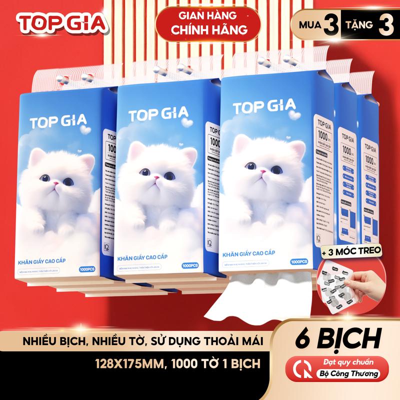 (SIÊU MỀM MỊN - TIẾT KIỆM) Thùng 6 Bịch Giấy Ăn Rút Đáy Gia Gia TOP GIA 4 Lớp Mềm Mịn, Thành Phần Bột Gỗ Tự Nhiên Thân Thiện An Toàn, Khăn Giấy Vệ Sinh 1000 tờ, 4 lớp Tặng 2 móc treo tiện lợi Giấy Vệ Sinh ĐẠT QUY CHUẨN CỦA BỘ CÔNG THƯƠNG (TG68)