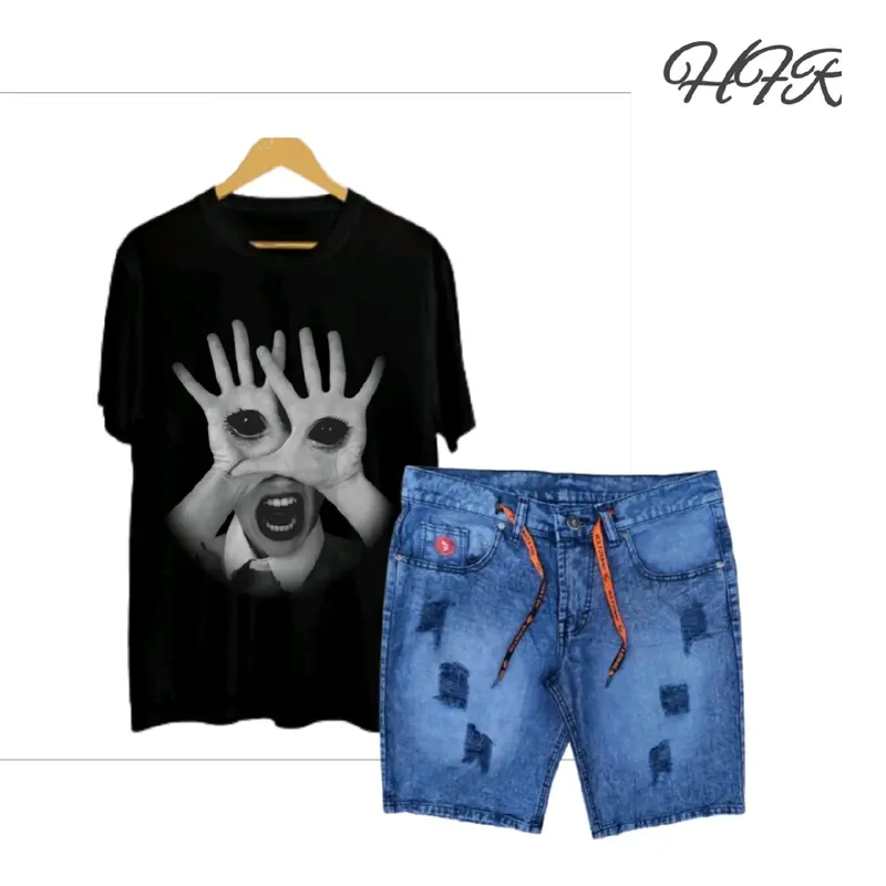 Setelan kaos distro motif mata dan celana jeans sobek pendek dewasa 2