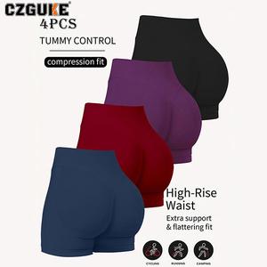 CZGUKE Conjunto de 4 Pzas para Mujer Pantalones Cortos de Verano para Yoga y Fitness Transpirables de Cintura Alta para Correr y Ciclismo Tummy Control Compression Fit