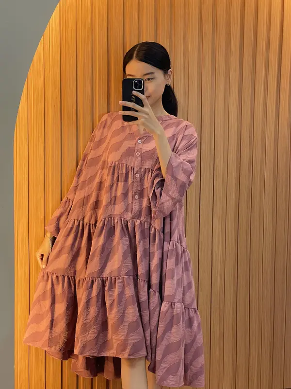 [NEW] Salattire Flora Midi Dress | Midi Dress Over Size Rayon Jaquat Motif Ombak Lengan Panjang Bordir Bunga Busui Cantik Gaun Ibu Katun Nyaman 2