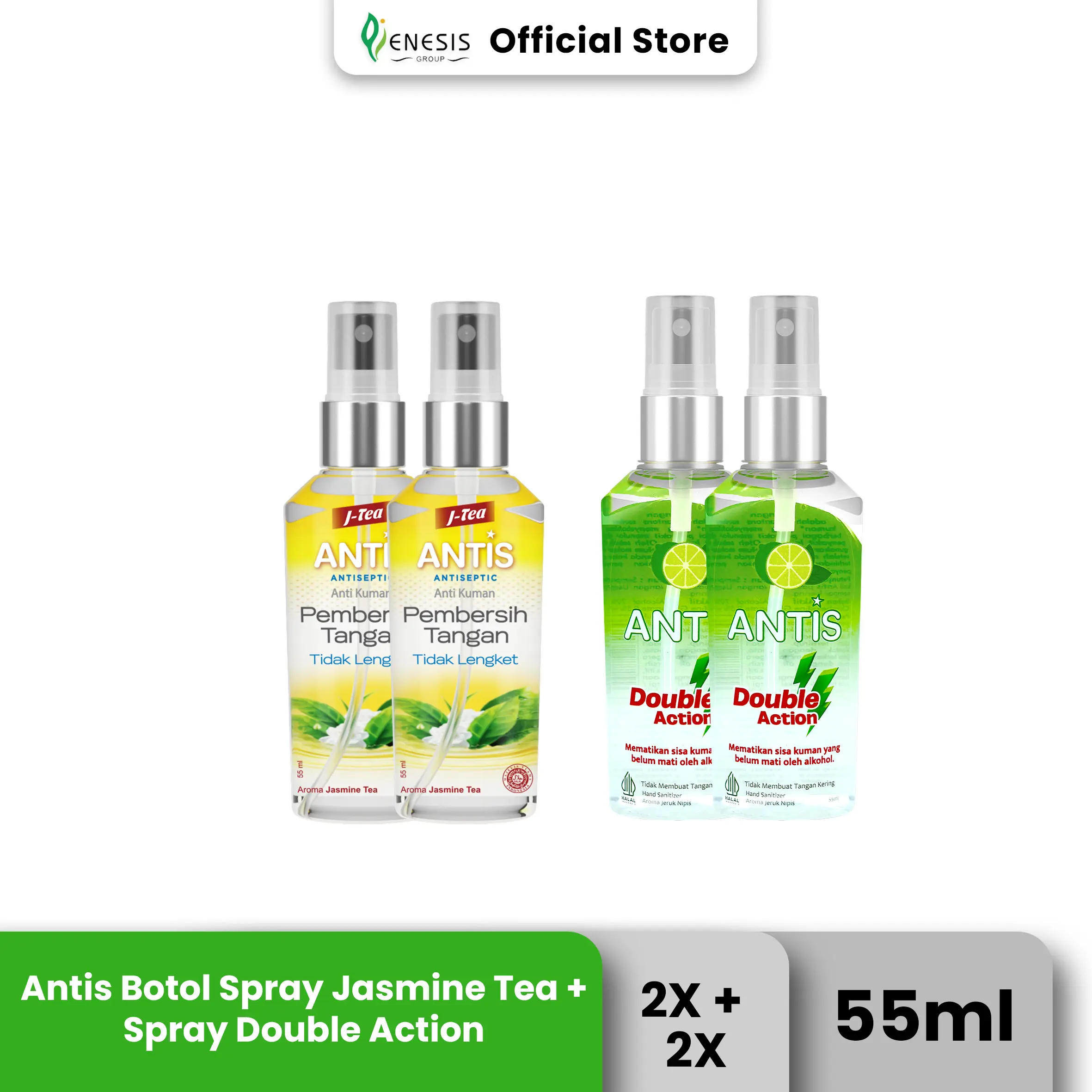 Antis Hand Sanitizer Spray Jasmine Tea 2x55 ml & Jeruk Nipis 2x55ml