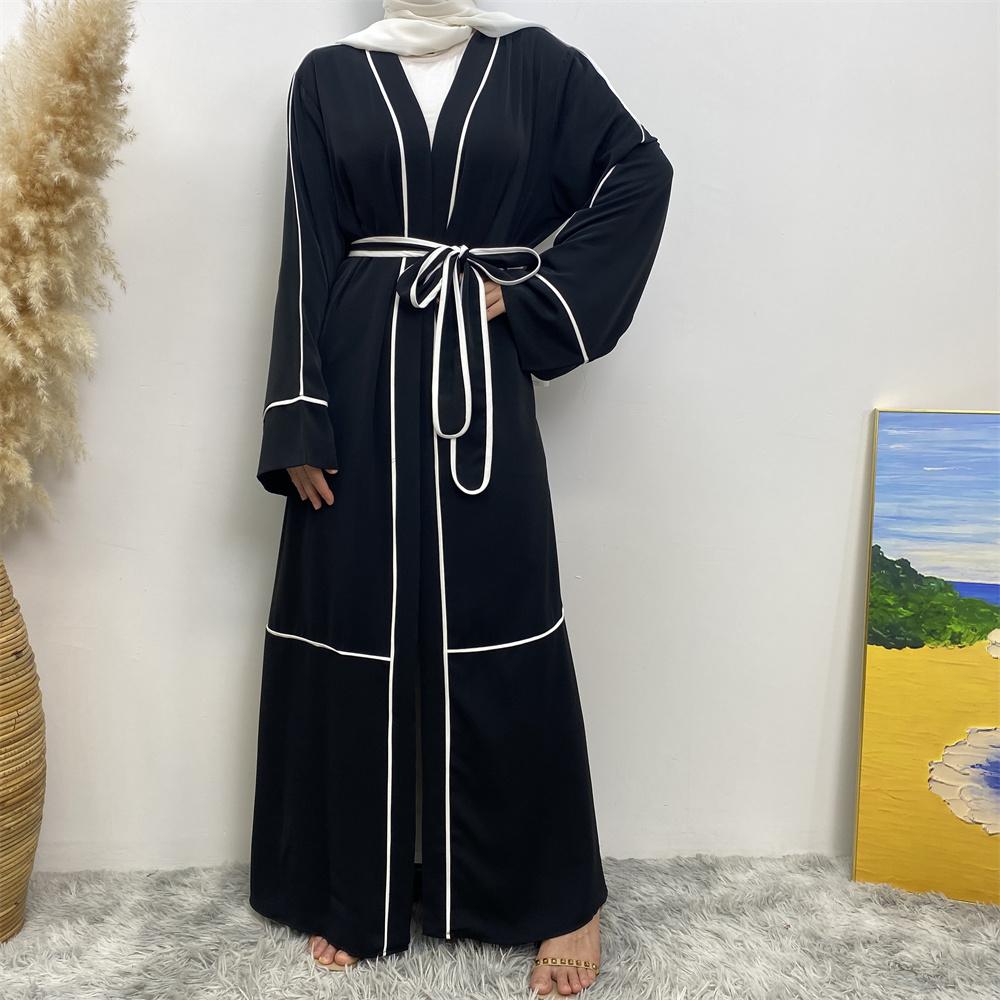 1679# 3 colour Dubai Long Sleeve Nida Muslim Abaya Dress White Line Style - CHAOMENG MUSLIM SHOP