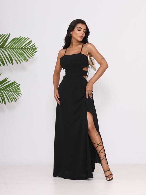 VESTIDO LONGO DE ALCINHA COM FENDA E DECOTE NA LATERAL COM FORRO E AMARRAÇÃO NAS COSTAS TENDENCIA