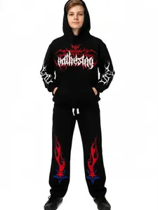 Oneset Anak & Remaja Laki-Laki Celana Panjang & Hoodie Gaya Stylish Usia 9-15 Tahun Desain Unik Hitam