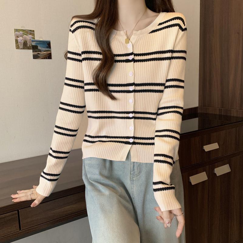 Áo Cardigan Dệt Kim, Thời Trang Thường Ngày Cổ Tròn, Áo Len Cropped Xén, Dành Cho Nữ, Bộ Sưu Tập Mùa Xuân Và Mùa Thu, Với Thiết Kế Sọc 8