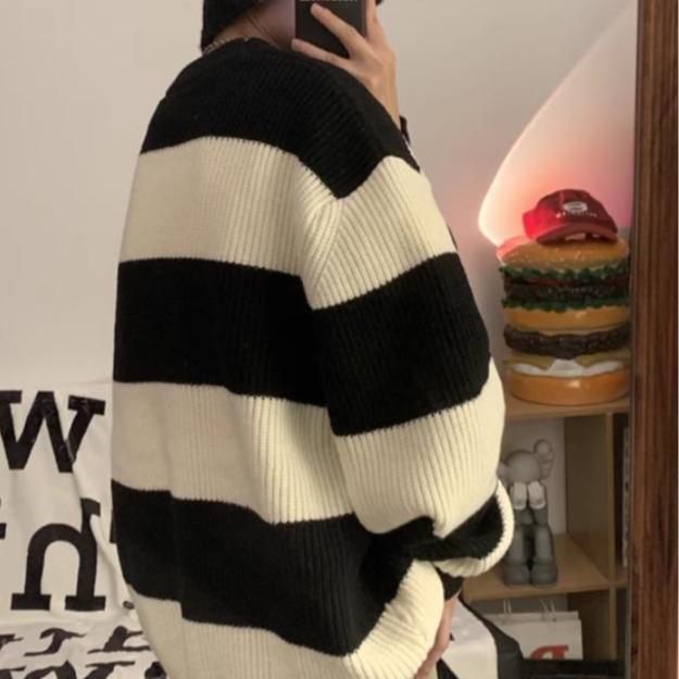 Menswear ,Áo Len Cổ Tròn Kẻ Sọc Cho Nam, Shirt , Áo Len Dệt Kim, Áo Len Có Lớp Lót,Thời Trang Dạo Phố Phong Cách Hàn Quốc, Ngầu, Đẹp Trai,  Áo Thun Dài Tay Cá Tính，Thu Đông Màu Đen 4